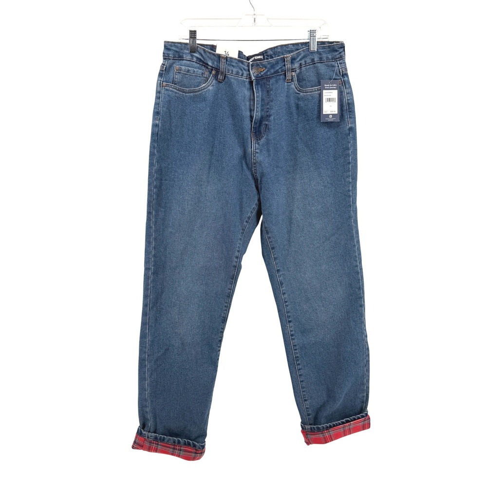 NEW Lands' End Straight Leg Jeans Womens 14 Flannel Lined Blue Red Plaid Denim